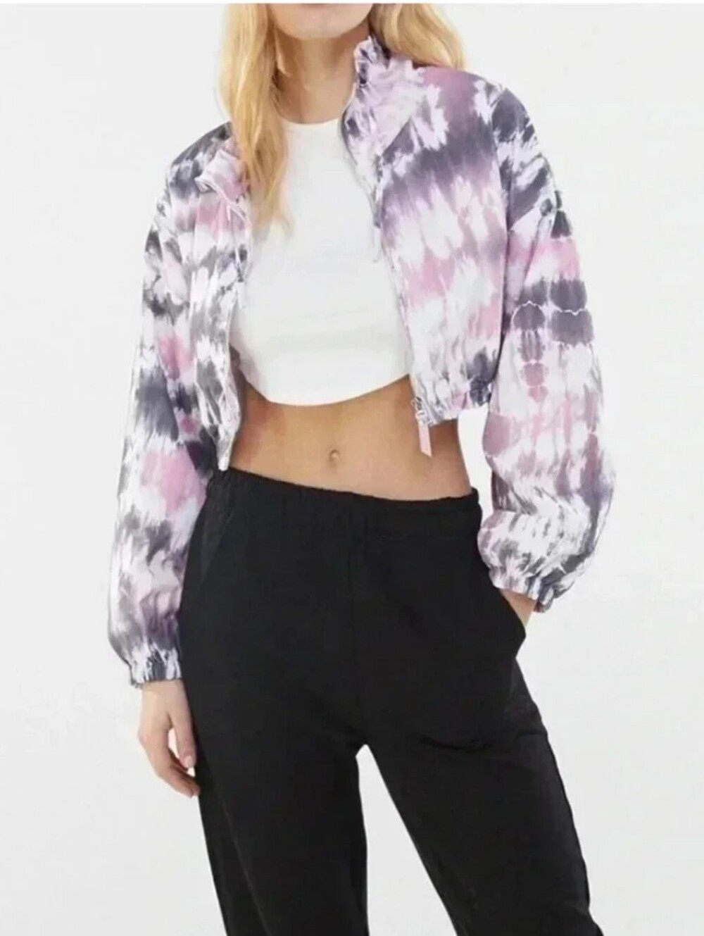 Berksha Cropped Tie-Dye Bomber Jacket - Pink Purple Size Small Boxy Fit